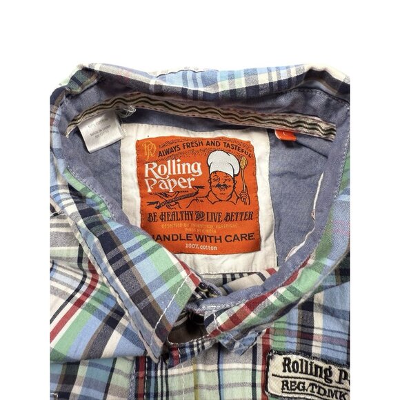 Rolling Paper Shirt Men’s Large Pearl Snap Plaid Patches Short Sleeve READ DESCR - Picture 6 of 10